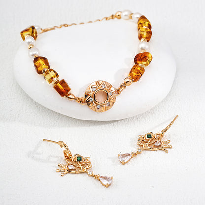 S925 Gold-Tone Crown Drop Earrings with Green CZ & Pear-Cut CZ Drop