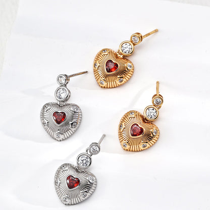 S925 Silver Sunburst Heart Drop Earrings with Red Garnet & CZ