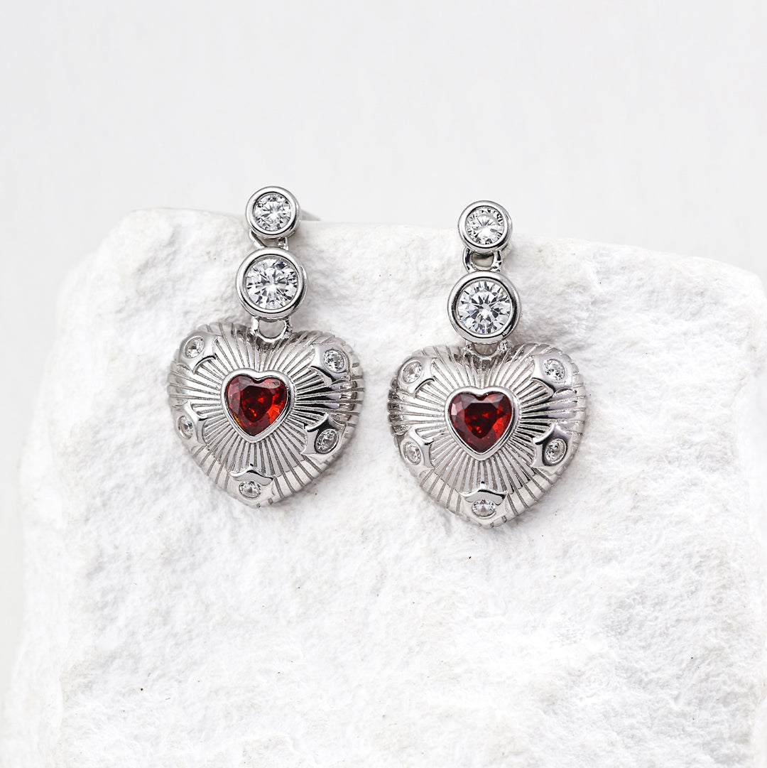 S925 Silver Sunburst Heart Drop Earrings with Red Garnet & CZ