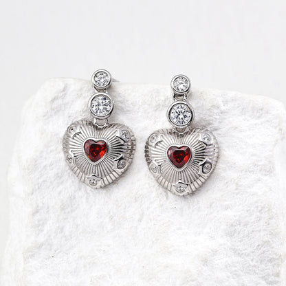 S925 Silver Sunburst Heart Drop Earrings with Red Garnet & CZ
