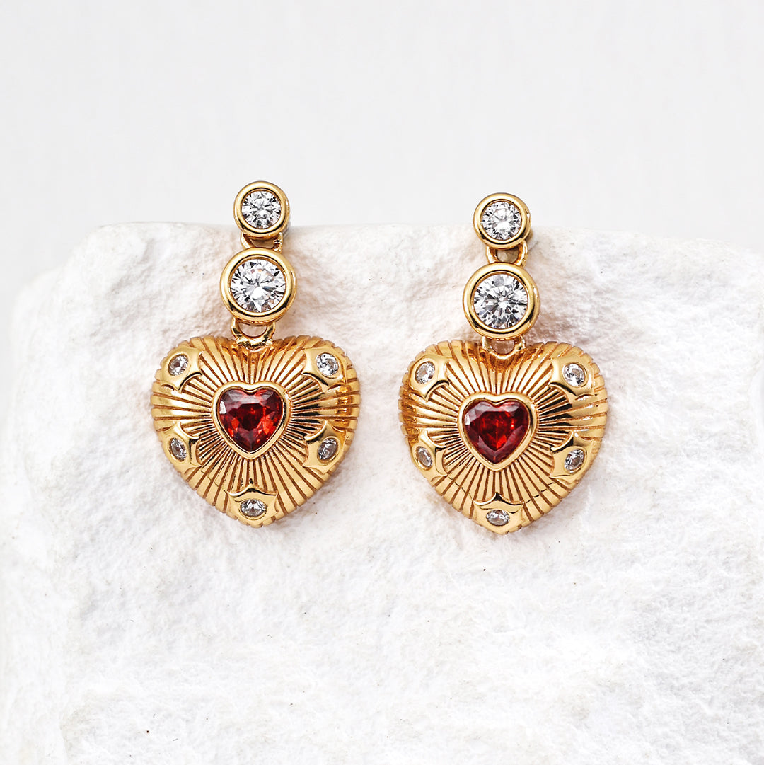 S925 Silver Sunburst Heart Drop Earrings with Red Garnet & CZ