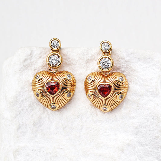 S925 Silver Sunburst Heart Drop Earrings with Red Garnet & CZ