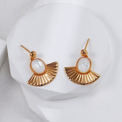 S925 Gold-Tone Sunburst Freshwater Pearl Cabochon Drop Earrings