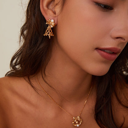 S925 Gold-Tone Bell Charm Drop Earrings with Bow & Freshwater Pearl