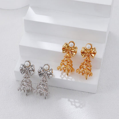 S925 Gold-Tone Bell Charm Drop Earrings with Bow & Freshwater Pearl