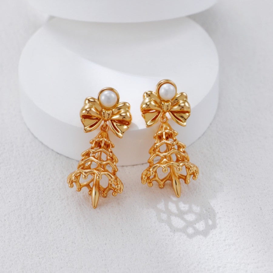 S925 Gold-Tone Bell Charm Drop Earrings with Bow & Freshwater Pearl
