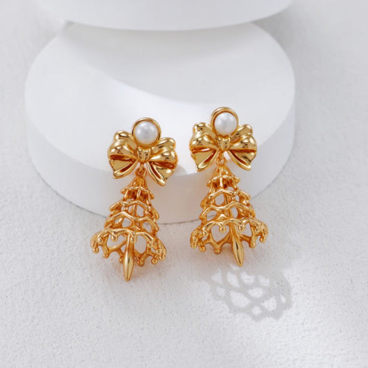 S925 Gold-Tone Bell Charm Drop Earrings with Bow & Freshwater Pearl