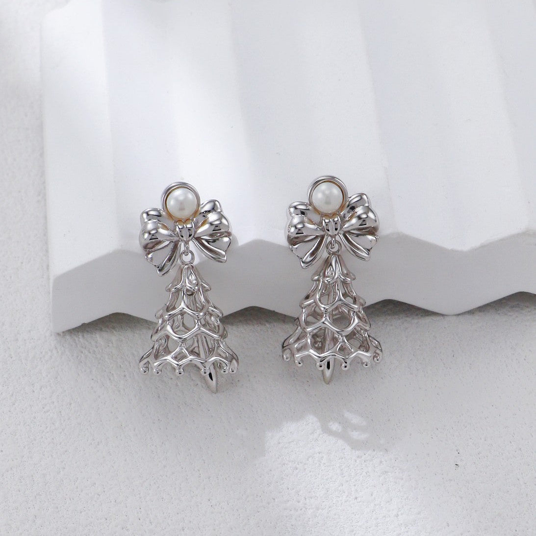 S925 Gold-Tone Bell Charm Drop Earrings with Bow & Freshwater Pearl