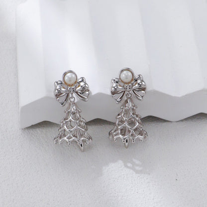 S925 Gold-Tone Bell Charm Drop Earrings with Bow & Freshwater Pearl