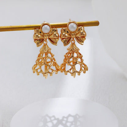 S925 Gold-Tone Bell Charm Drop Earrings with Bow & Freshwater Pearl