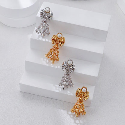 S925 Gold-Tone Bell Charm Drop Earrings with Bow & Freshwater Pearl
