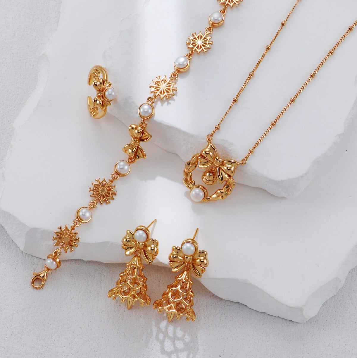 S925 Gold-Tone Bell Charm Drop Earrings with Bow & Freshwater Pearl