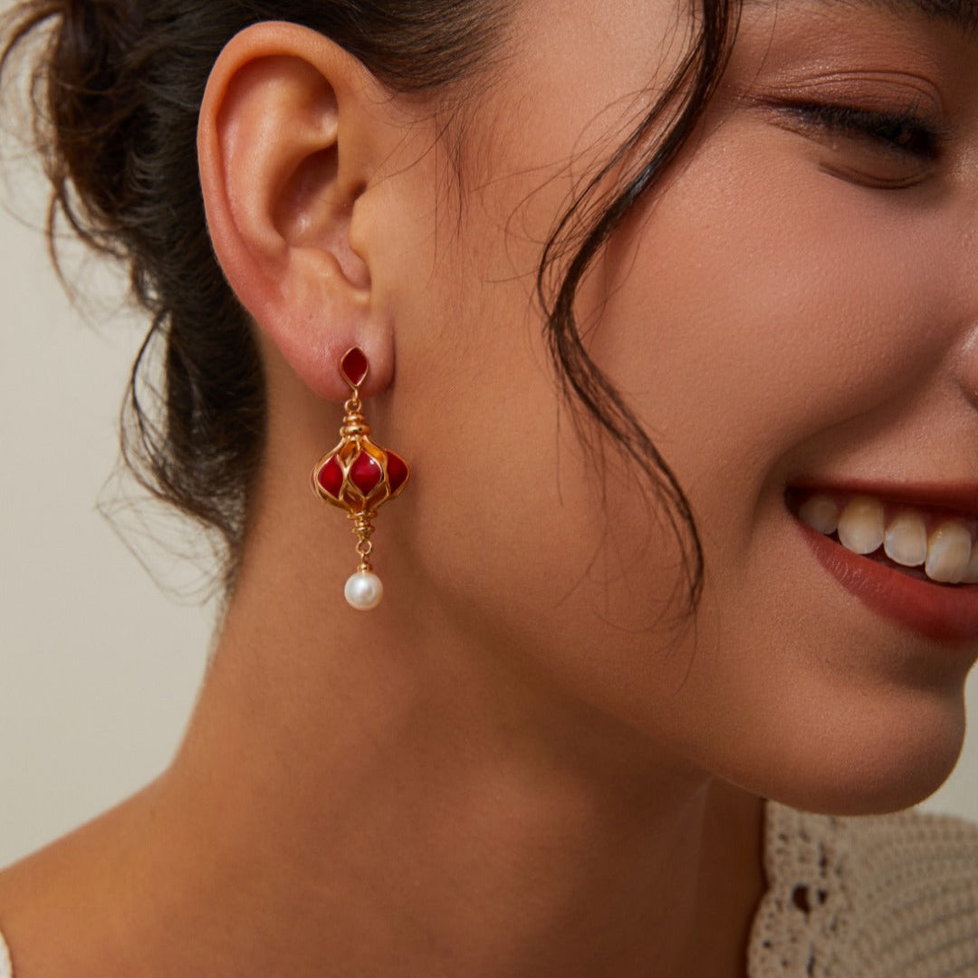 S925 Gold-Tone Red Lantern Drop Earrings with Freshwater Pear