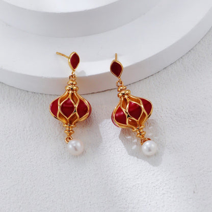 S925 Gold-Tone Red Lantern Drop Earrings with Freshwater Pear