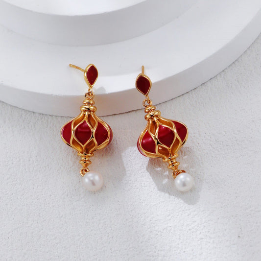S925 Gold-Tone Red Lantern Drop Earrings with Freshwater Pear