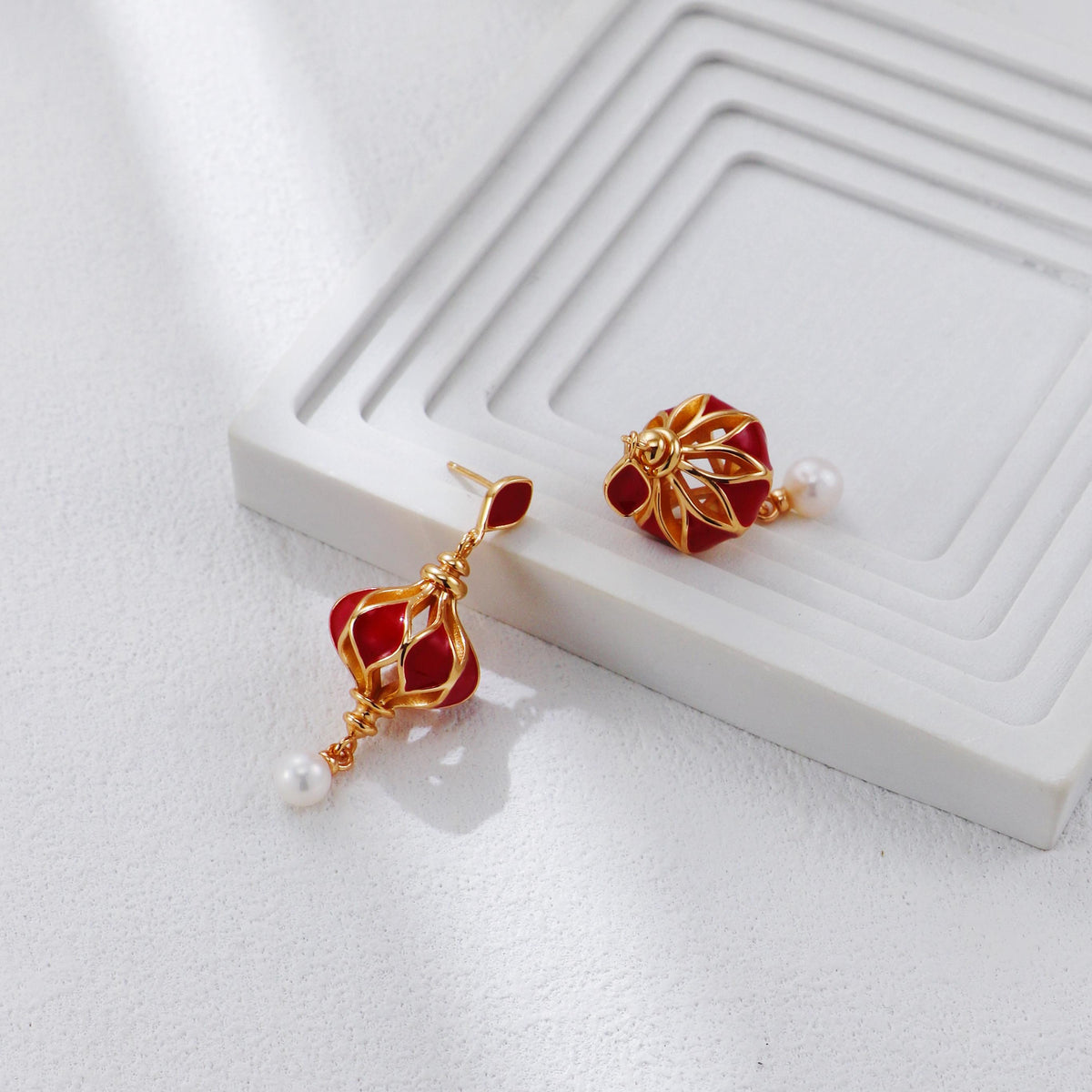 S925 Gold-Tone Red Lantern Drop Earrings with Freshwater Pear