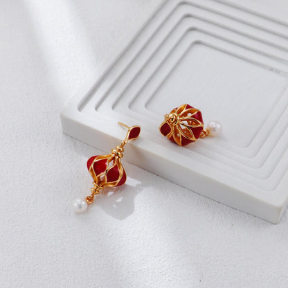 S925 Gold-Tone Red Lantern Drop Earrings with Freshwater Pear