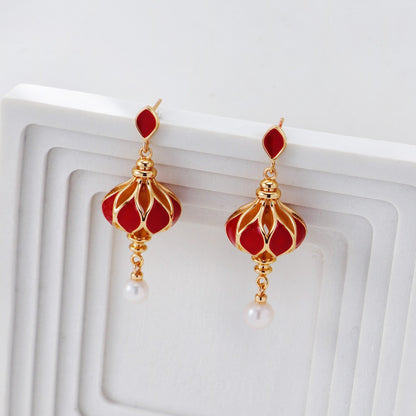 S925 Gold-Tone Red Lantern Drop Earrings with Freshwater Pear