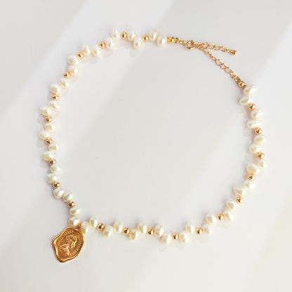 S925 Gold-Tone Baroque Pearl Choker with Vintage Coin Pendant