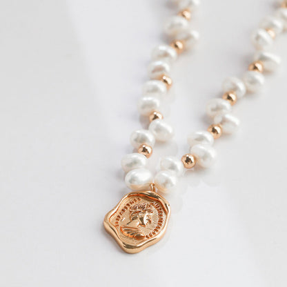S925 Gold-Tone Baroque Pearl Choker with Vintage Coin Pendant