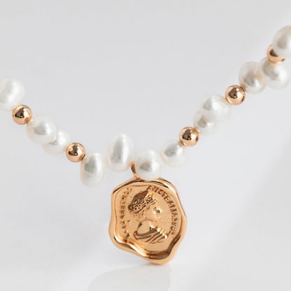 S925 Gold-Tone Baroque Pearl Choker with Vintage Coin Pendant