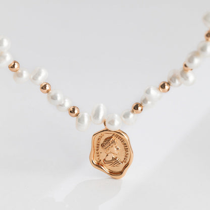 S925 Gold-Tone Baroque Pearl Choker with Vintage Coin Pendant