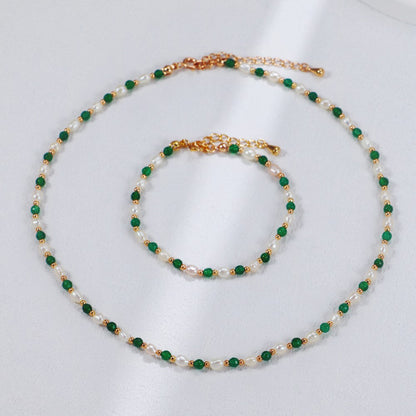 S925 Gold-Tone Green Agate & Rice Pearl Station Necklace
