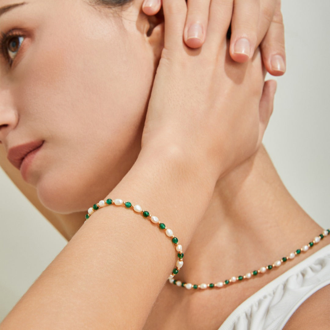 S925 Gold-Tone Green Agate & Rice Pearl Station Necklace
