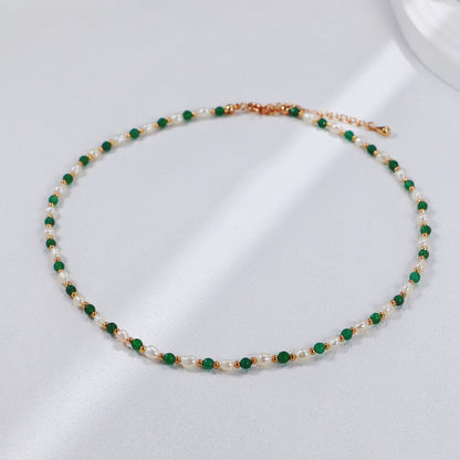 S925 Gold-Tone Green Agate & Rice Pearl Station Necklace