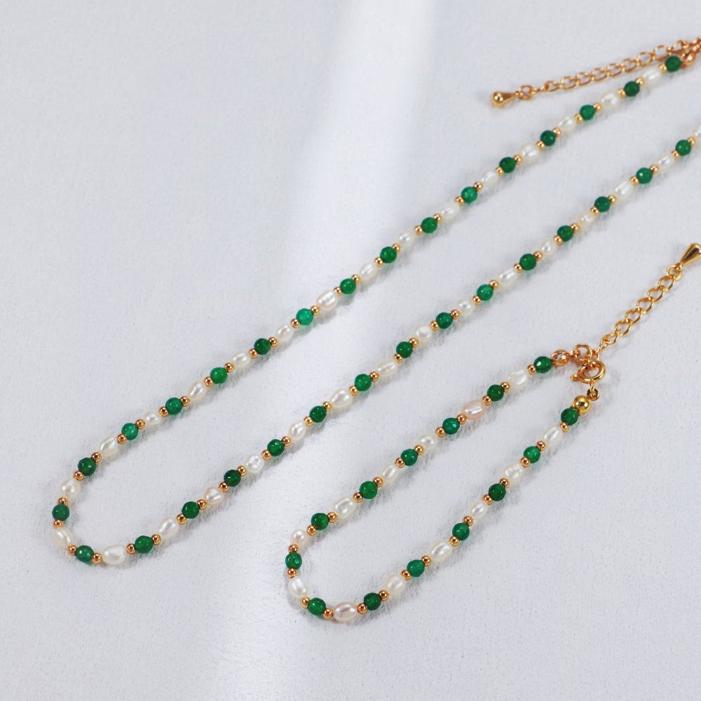 S925 Gold-Tone Green Agate & Rice Pearl Station Necklace