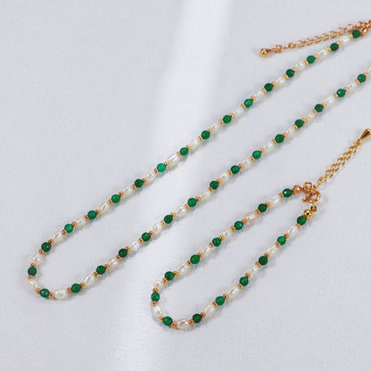 S925 Gold-Tone Green Agate & Rice Pearl Station Necklace