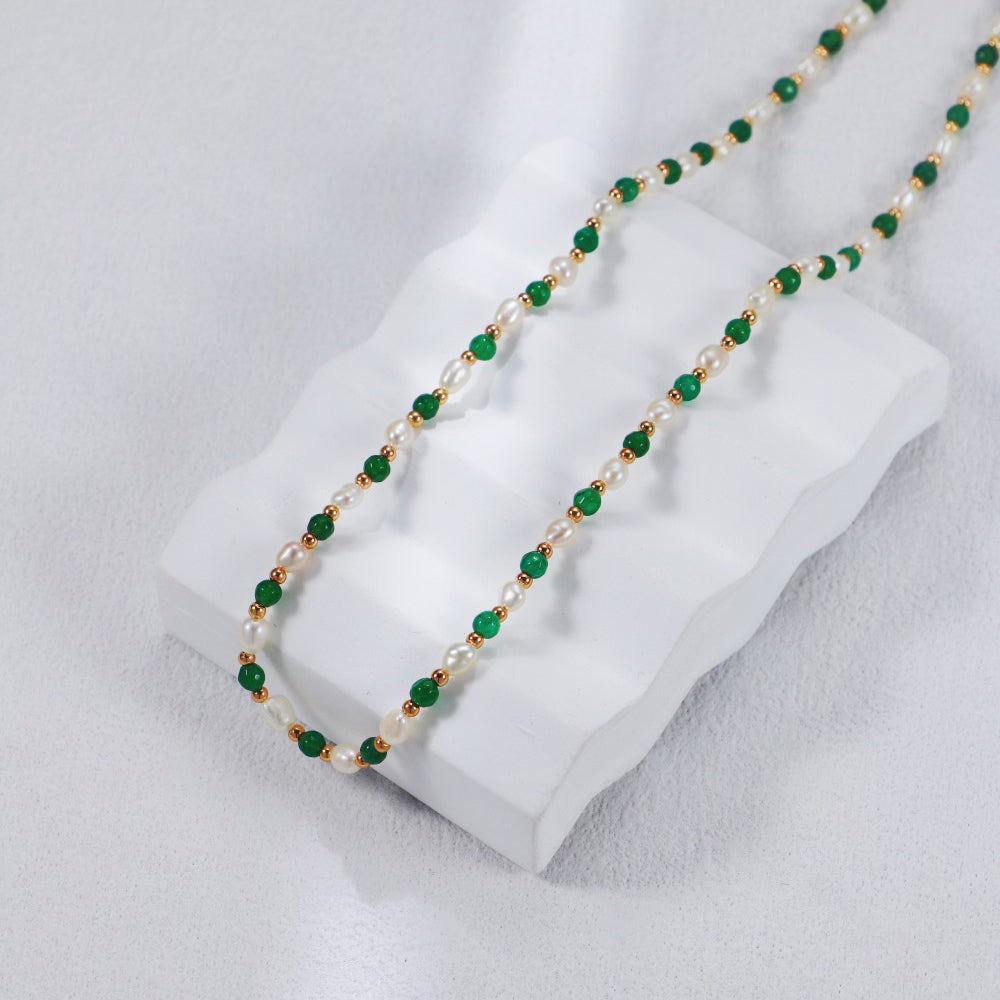 S925 Gold-Tone Green Agate & Rice Pearl Station Necklace