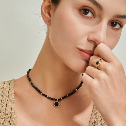 S925 Gold-Tone Black Onyx Beaded Choker Necklace with Round Charm Pendant