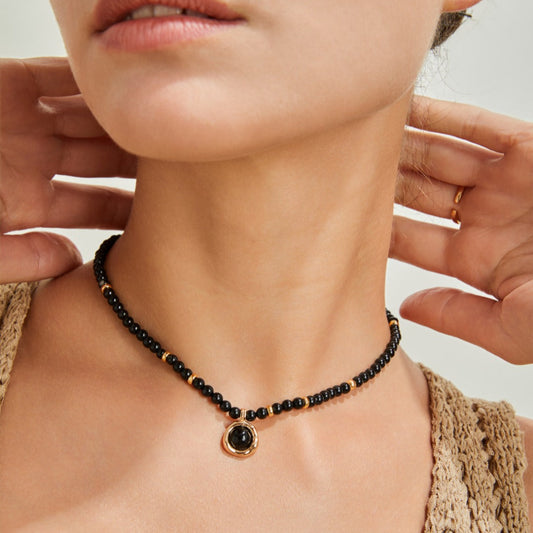 S925 Gold-Tone Black Onyx Beaded Choker Necklace with Round Charm Pendant
