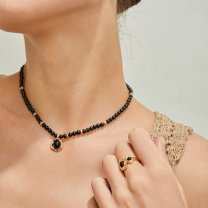 S925 Gold-Tone Black Onyx Beaded Choker Necklace with Round Charm Pendant