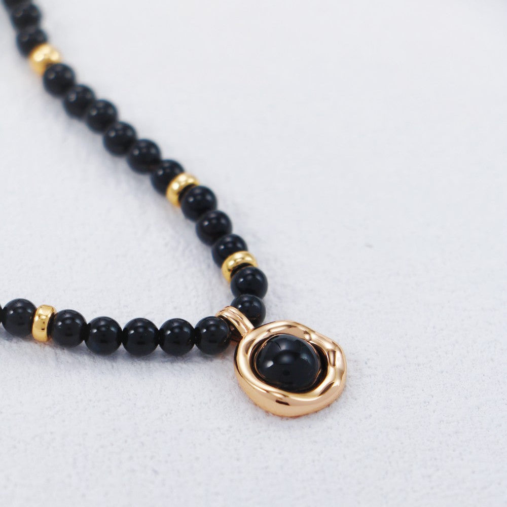 S925 Gold-Tone Black Onyx Beaded Choker Necklace with Round Charm Pendant