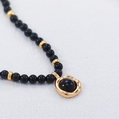 S925 Gold-Tone Black Onyx Beaded Choker Necklace with Round Charm Pendant