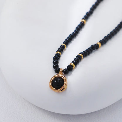 S925 Gold-Tone Black Onyx Beaded Choker Necklace with Round Charm Pendant