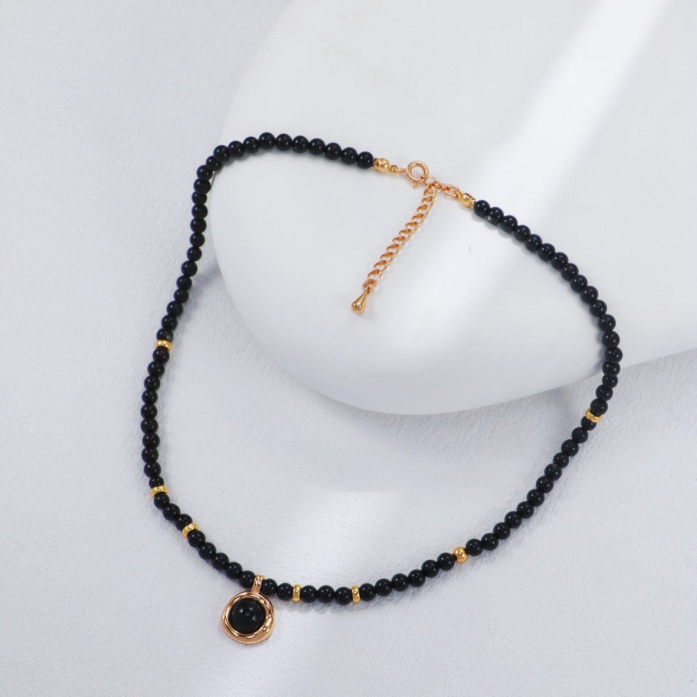 S925 Gold-Tone Black Onyx Beaded Choker Necklace with Round Charm Pendant