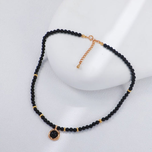 S925 Gold-Tone Black Onyx Beaded Choker Necklace with Round Charm Pendant