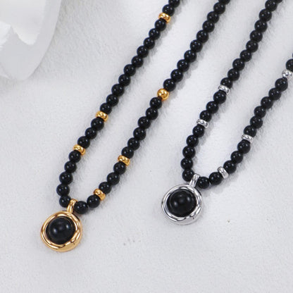 S925 Gold-Tone Black Onyx Beaded Choker Necklace with Round Charm Pendant