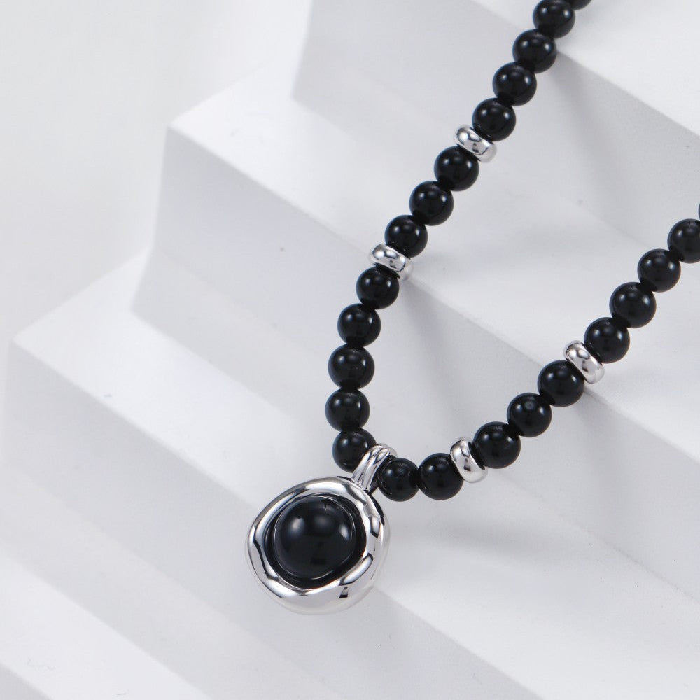 S925 Gold-Tone Black Onyx Beaded Choker Necklace with Round Charm Pendant