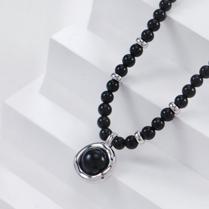 S925 Gold-Tone Black Onyx Beaded Choker Necklace with Round Charm Pendant