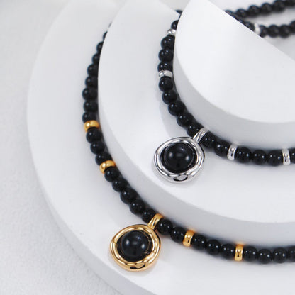 S925 Gold-Tone Black Onyx Beaded Choker Necklace with Round Charm Pendant