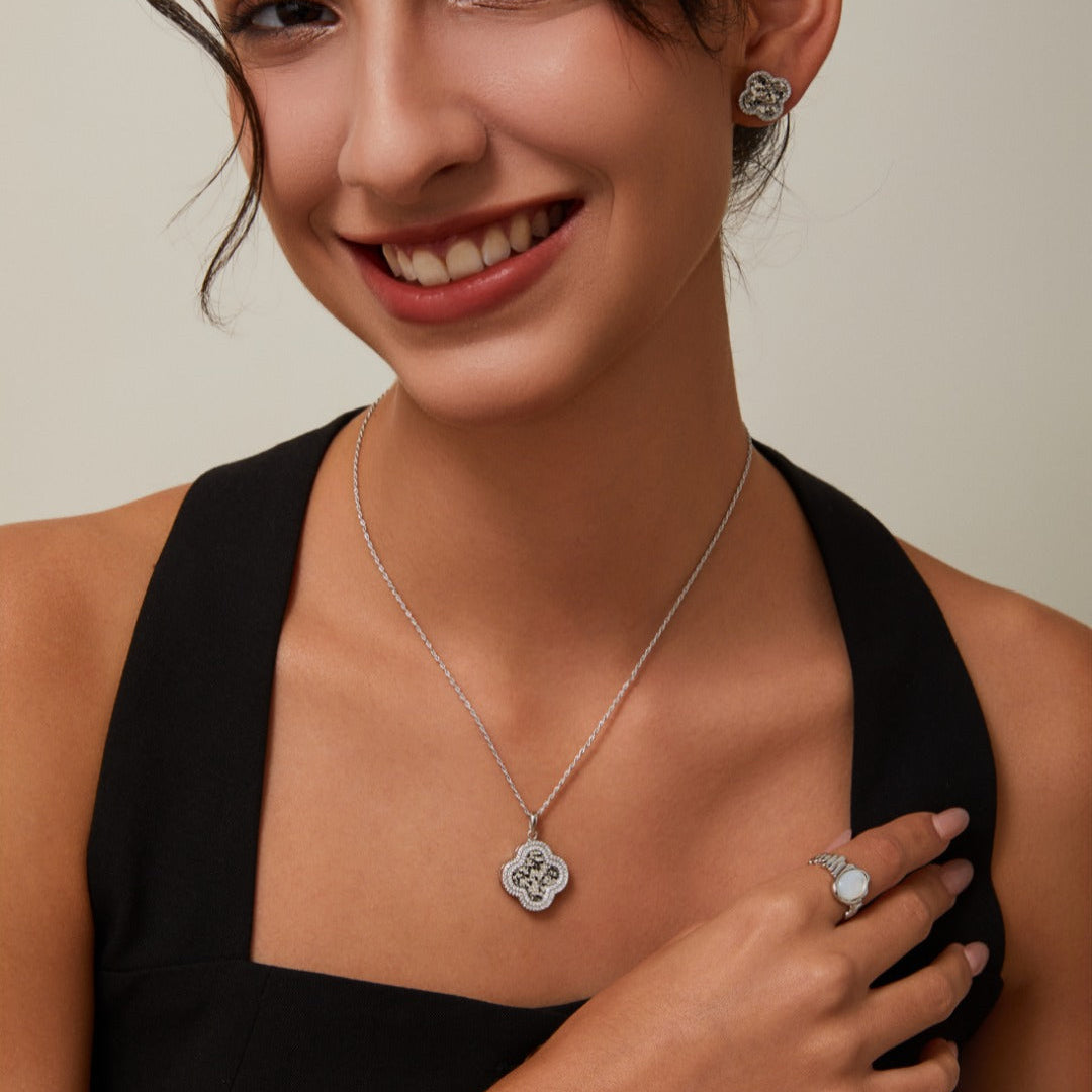 S925 Gold-Tone Pavé Clover Pendant Necklace