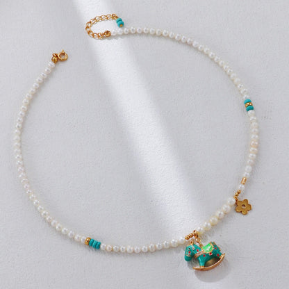 S925 Gold-Tone Pearl & Turquoise Rocking-Horse Charm Necklace