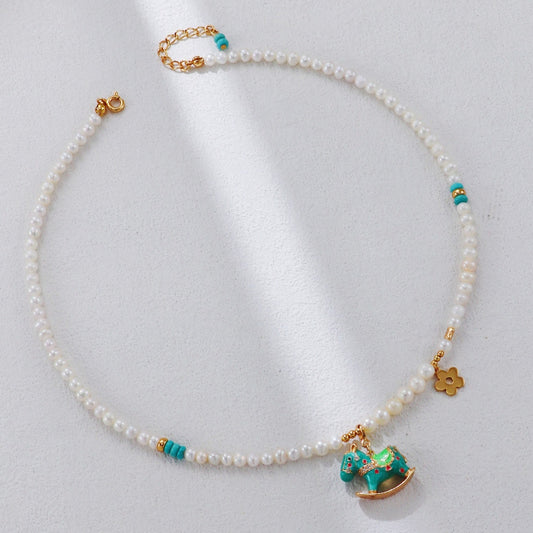 S925 Gold-Tone Pearl & Turquoise Rocking-Horse Charm Necklace