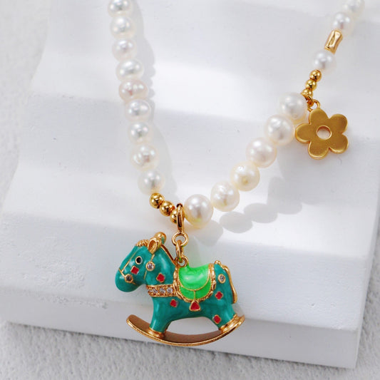 S925 Gold-Tone Pearl & Turquoise Rocking-Horse Charm Necklace