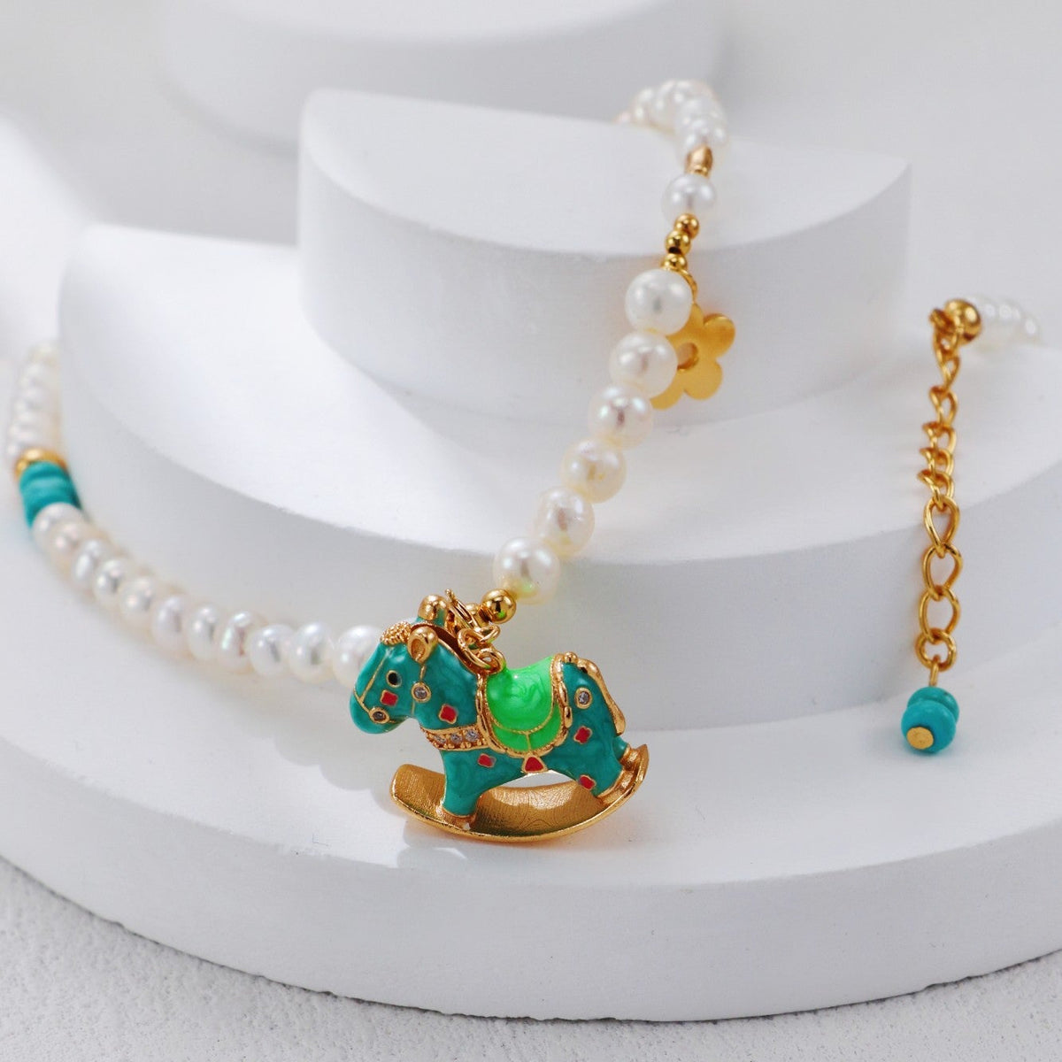 S925 Gold-Tone Pearl & Turquoise Rocking-Horse Charm Necklace
