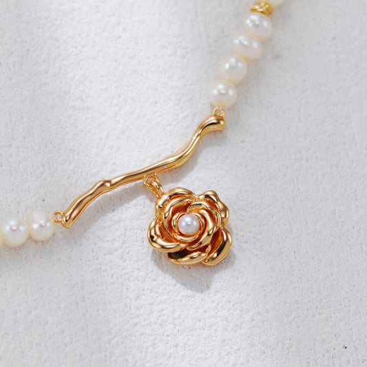 S925 Silver 3D Rose Charm Pearl Strand Necklace